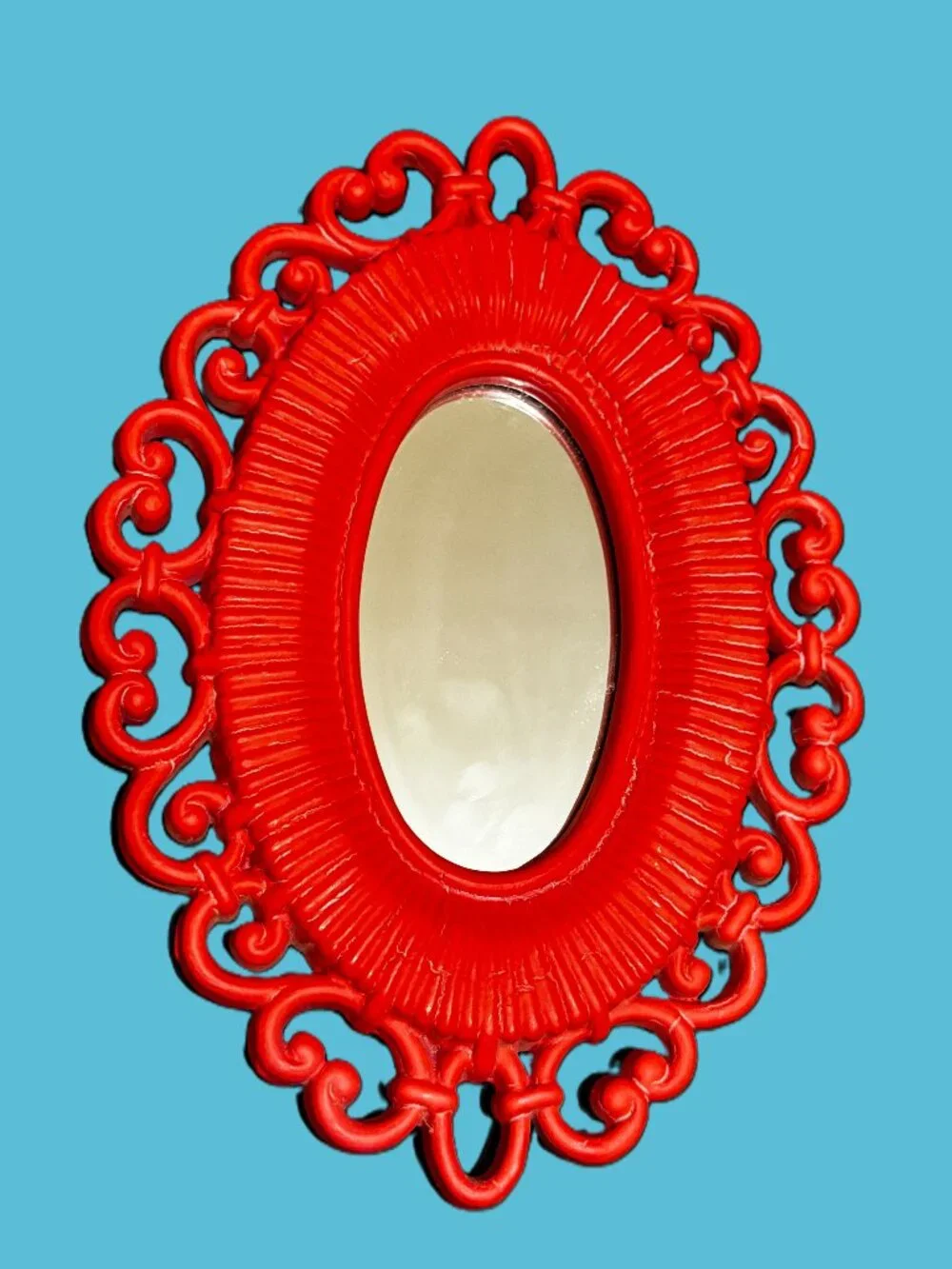 Homco x Syroco Dart Faux Rattan Oval Wall Mirror 2618, Red, Vintage Circa 1970
